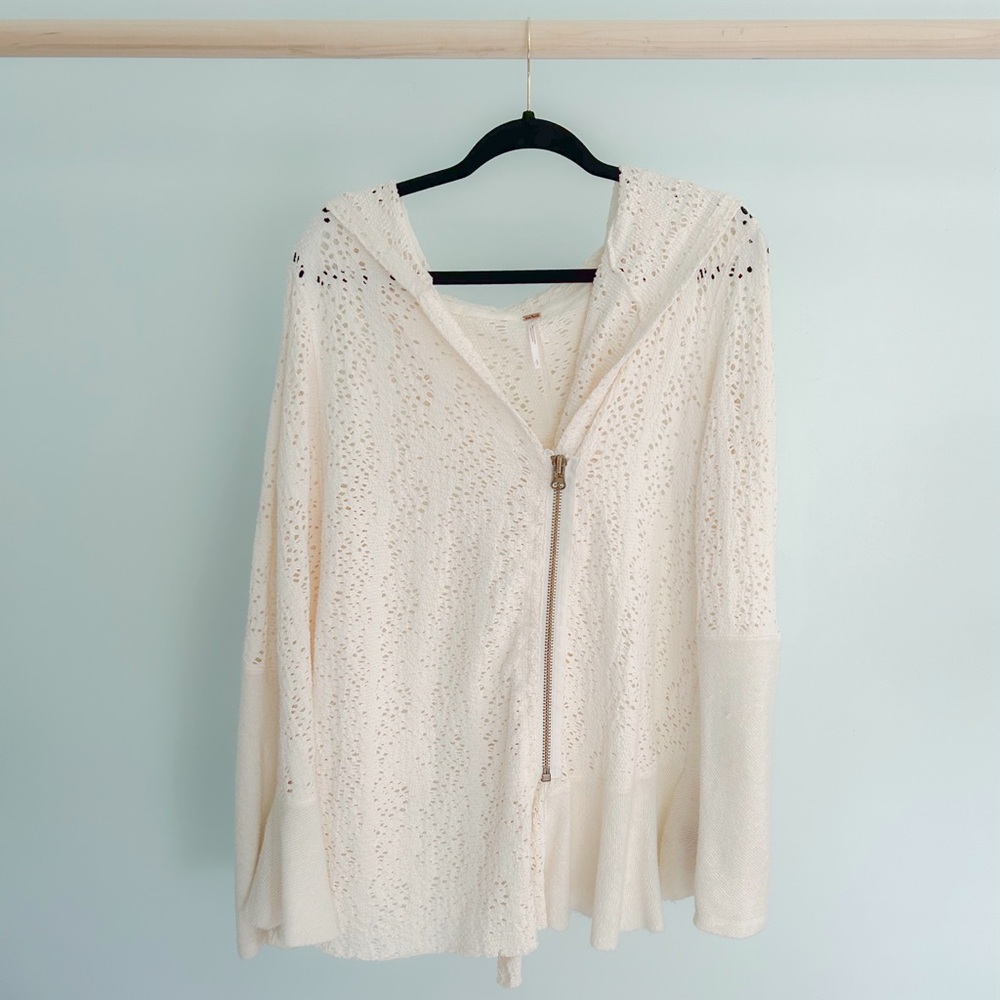 Free People Zip-Up Crochet Knit Sweater Hoodie Jacket Festival Boho Size Small